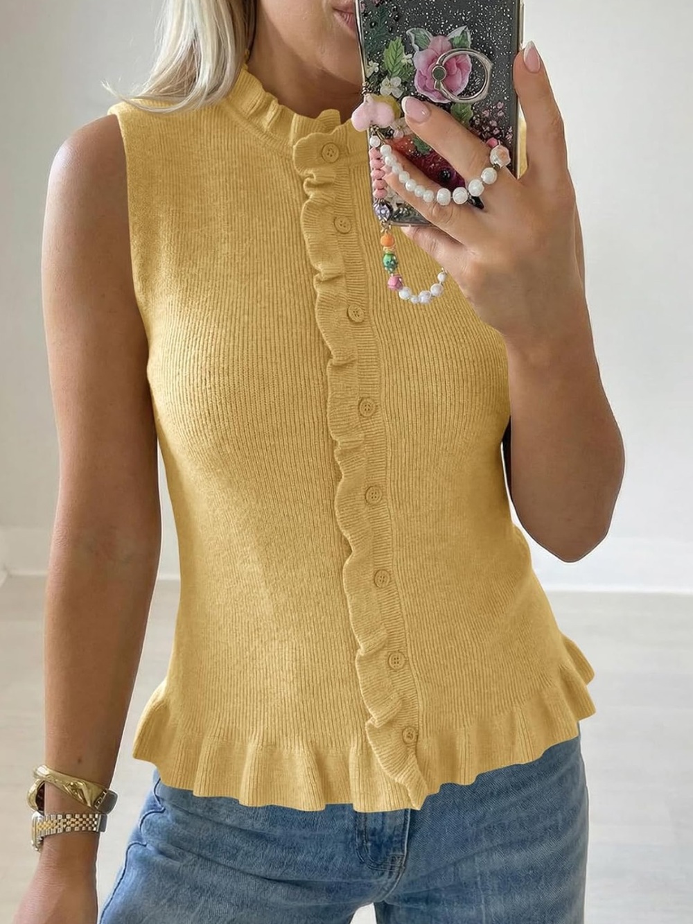 NWT Saodimallsu Sleeveless Sweater Vest Ruffle Button Down Knit Tank Top Yellow